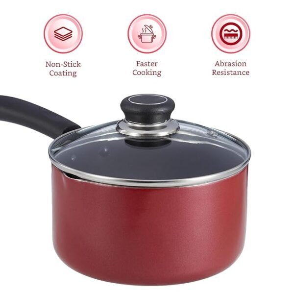 Solimo Induction Base Aluminium Non-Stick Sauce/Milk Pan with Glass Lid (1.5 Ltrs)