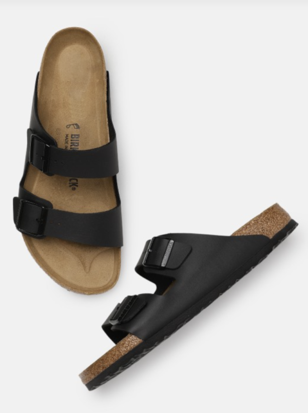 Arizona Black Regular Width Birko-Flor Two-Strap Sandals